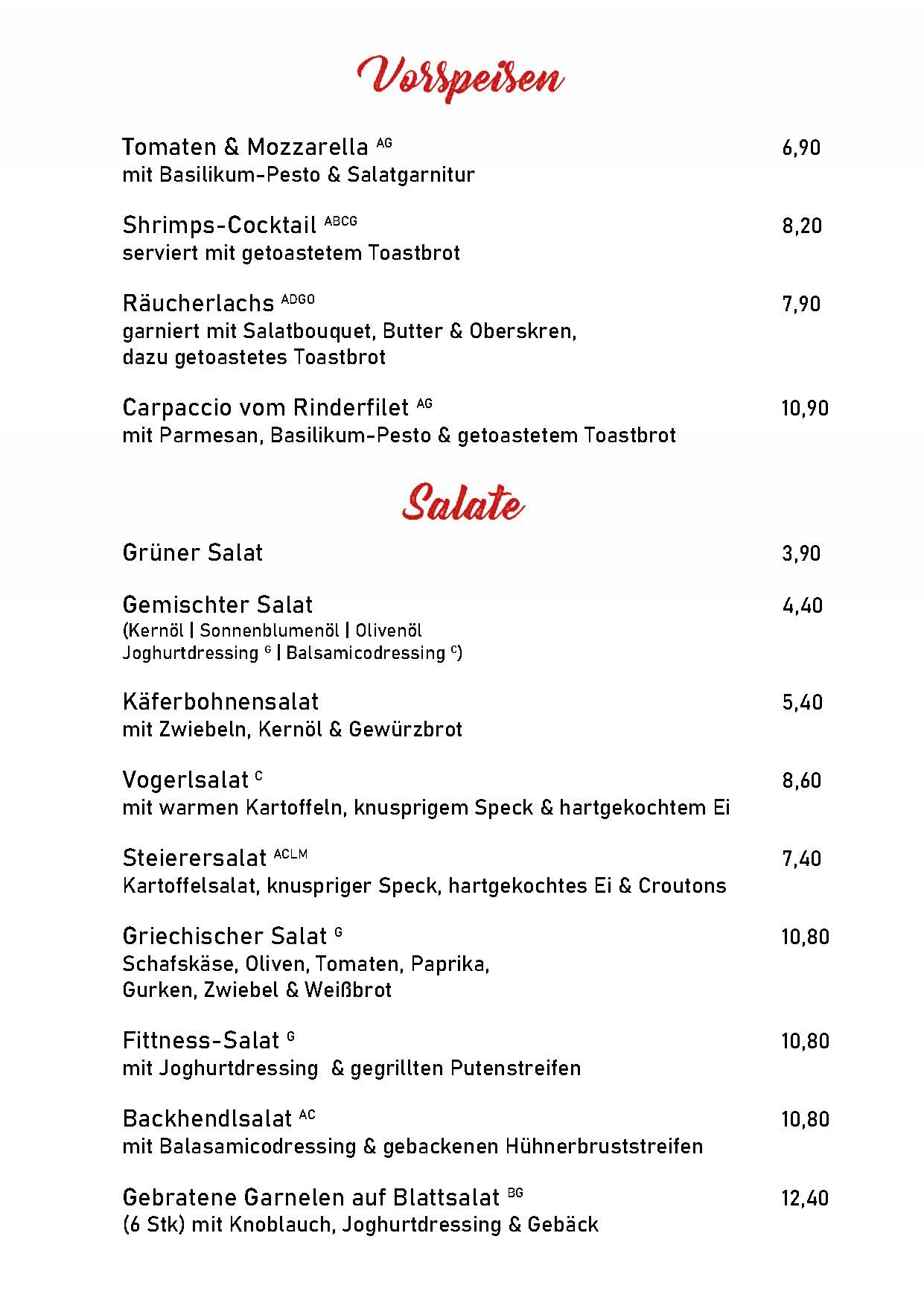 Rudolf Speisekarte Vorspeisen und Salate